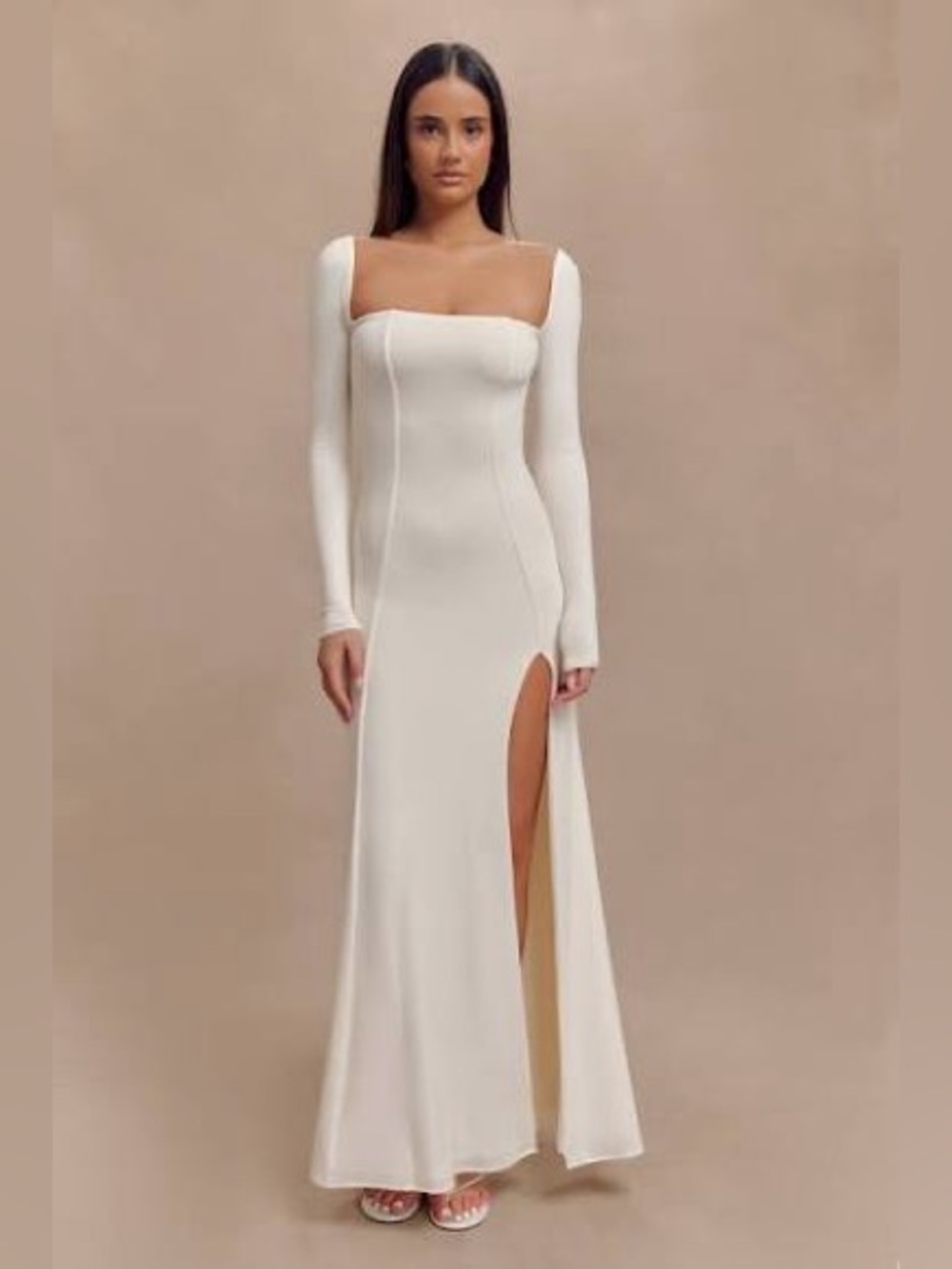NWT Meshki Desirie Slinky Long Sleeve Maxi Slit Ivory Dress L